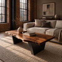 Live edge coffee table with a slab top and two angular wedge legs in an industrial loft living room with exposed brick