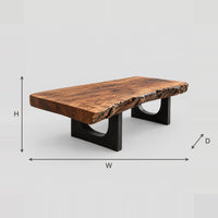 Live Edge Coffee Table With Arched Cutout Slab Legs dimension diagram with width, height and depth