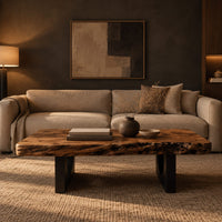 Live edge coffee table on two slab legs with arched cutouts in a dark living room at golden hour