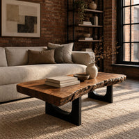 Live edge coffee table on two slab legs with arched cutouts in an industrial loft living room with exposed brick