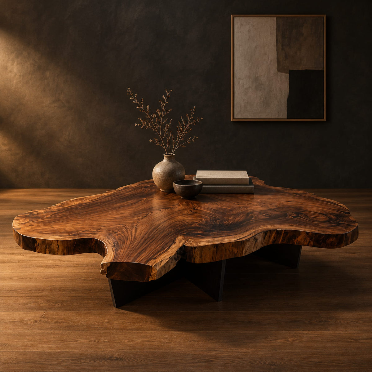 Live edge coffee table with a freeform slab top and dark angular base in a dark studio against a charcoal plaster wall