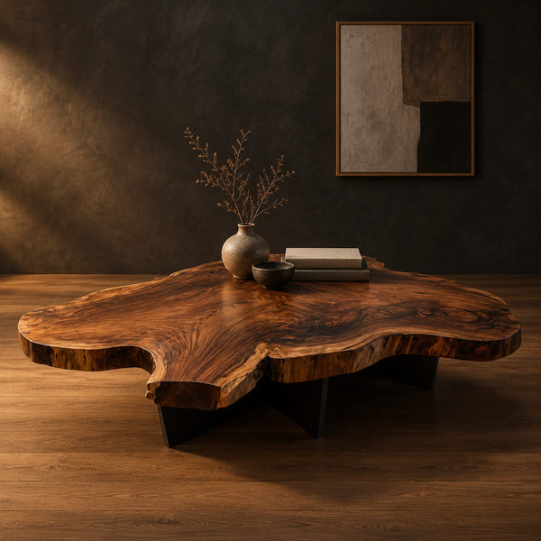 Live Edge Coffee Table With Freeform Slab Top And Dark Angular Base