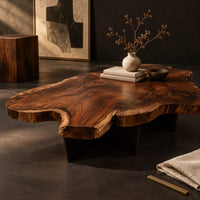 Corner detail of live edge coffee table with a freeform slab top and dark angular base beside wood, brass and linen samples