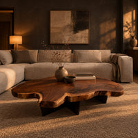 Live edge coffee table with a freeform slab top and dark angular base in a dark living room at golden hour