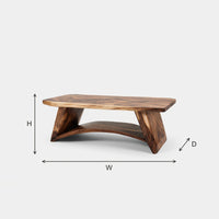 Live Edge Coffee Table with Hand Sculpted Legs and Low Shelf dimension diagram with height, width and depth