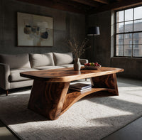 Live edge coffee table with sculpted legs and a low shelf in a concrete and timber loft
