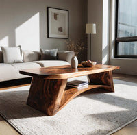 Live edge coffee table with sculpted legs and a low shelf in an open plan space in daylight