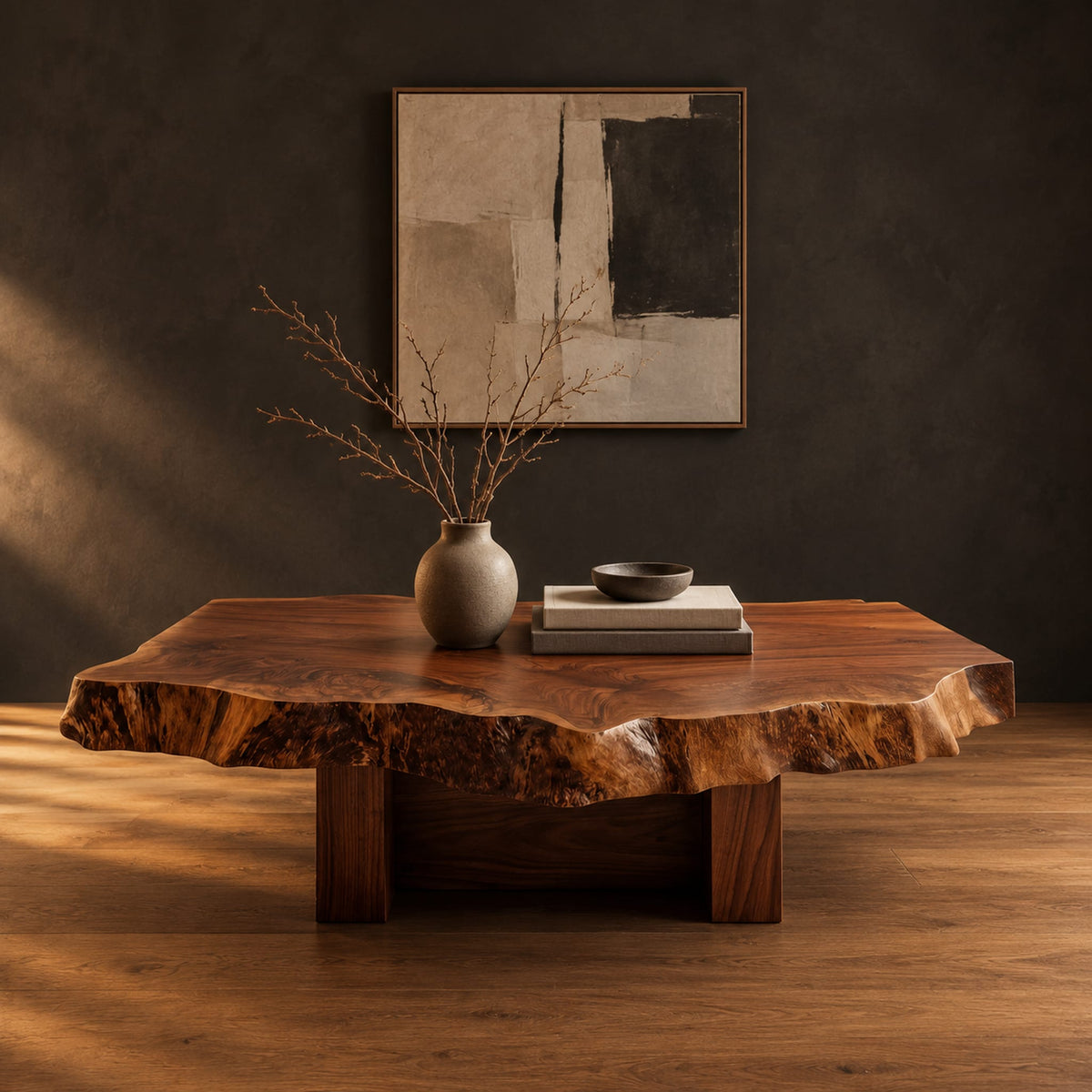 Live edge coffee table with a rugged slab top and block base in a dark studio against a charcoal plaster wall