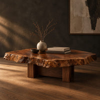 Live edge coffee table with a rugged slab top and block base, three-quarter view showing the grain