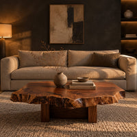 Live edge coffee table with a rugged slab top and block base in a dark living room at golden hour