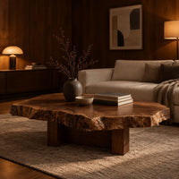 Live edge coffee table with a rugged slab top and block base in an evening living room with walnut wall paneling