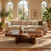 Live edge coffee table with a rugged slab top and block base in a bright living room with arched windows and plants