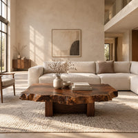 Live edge coffee table with a rugged slab top and block base in a bright open plan living room