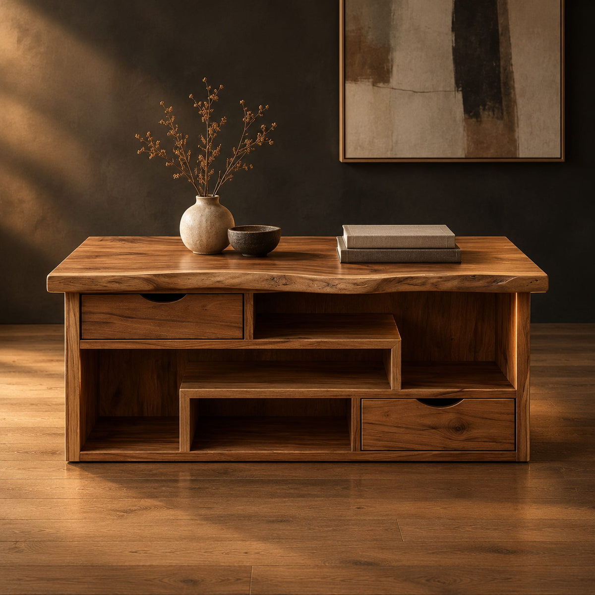 Live edge coffee table with staggered open shelves and two small drawers in a dark studio against a charcoal plaster wall