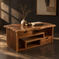 Live edge coffee table with staggered open shelves and two small drawers, three-quarter view showing the grain