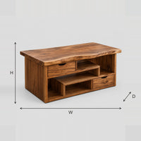 Live Edge Coffee Table With Staggered Shelves And Two Drawers dimension diagram with width, height and depth