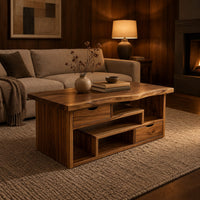 Live edge coffee table with staggered open shelves and two small drawers in an evening living room with walnut wall paneling