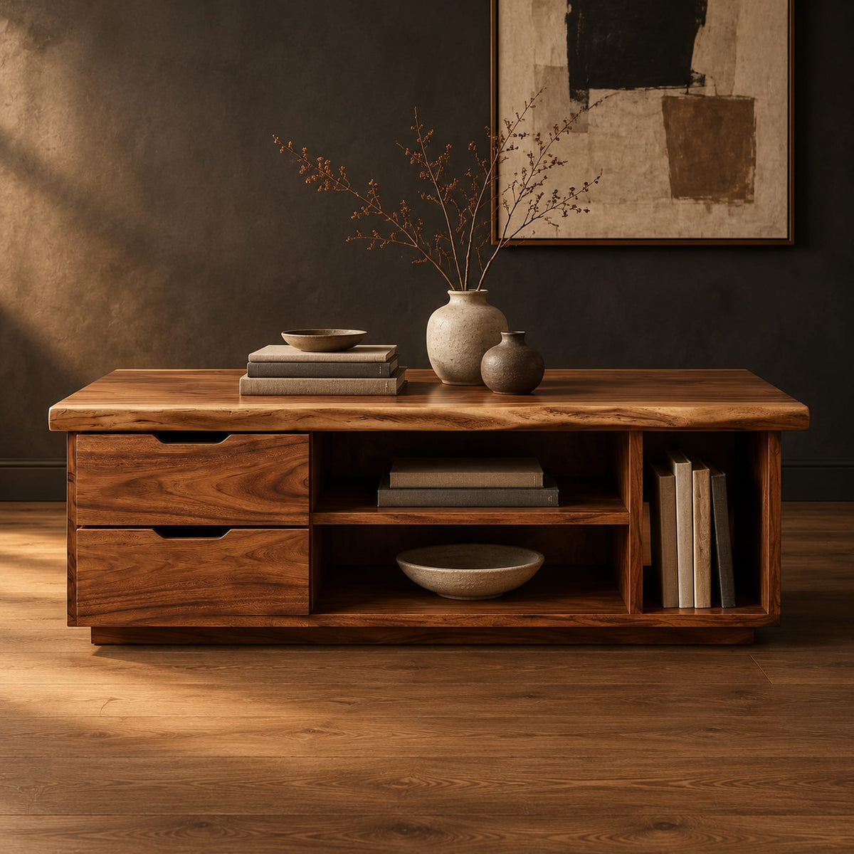 Live edge coffee table with two drawers an open shelf and a side cubby in a dark studio against a charcoal plaster wall