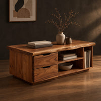 Live edge coffee table with two drawers an open shelf and a side cubby, three-quarter view showing the grain