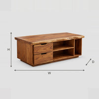 Live Edge Coffee Table With Two Drawers And Open Shelf dimension diagram with width, height and depth