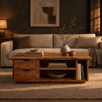 Live edge coffee table with two drawers an open shelf and a side cubby in a dark living room at golden hour