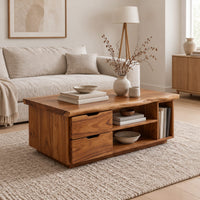 Live edge coffee table with two drawers an open shelf and a side cubby in a Scandinavian living room with white walls