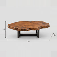 Live Edge Coffee Table With Wide Irregular Slab On A Dark Frame dimension diagram with width, height and depth