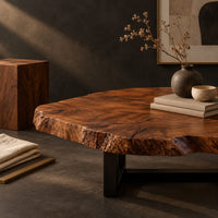 Corner detail of live edge coffee table with a wide irregular slab top on a dark frame beside wood, brass and linen samples