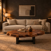 Live edge coffee table with a wide irregular slab top on a dark frame in a dark living room at golden hour