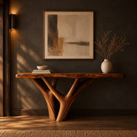 Console table with a live edge slab top on a branching trunk base in a dark entryway at golden hour