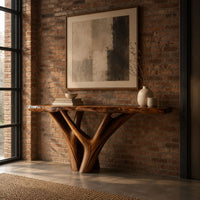 Console table with a live edge slab top on a branching trunk base in an industrial loft entryway with exposed brick