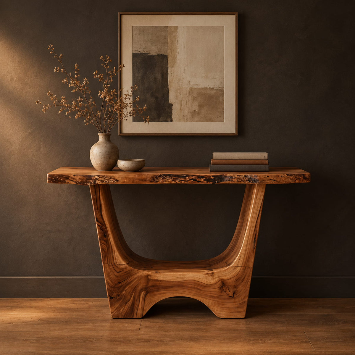 Live edge console table with a u shaped base and a low arched foot in a dark studio against a charcoal plaster wall