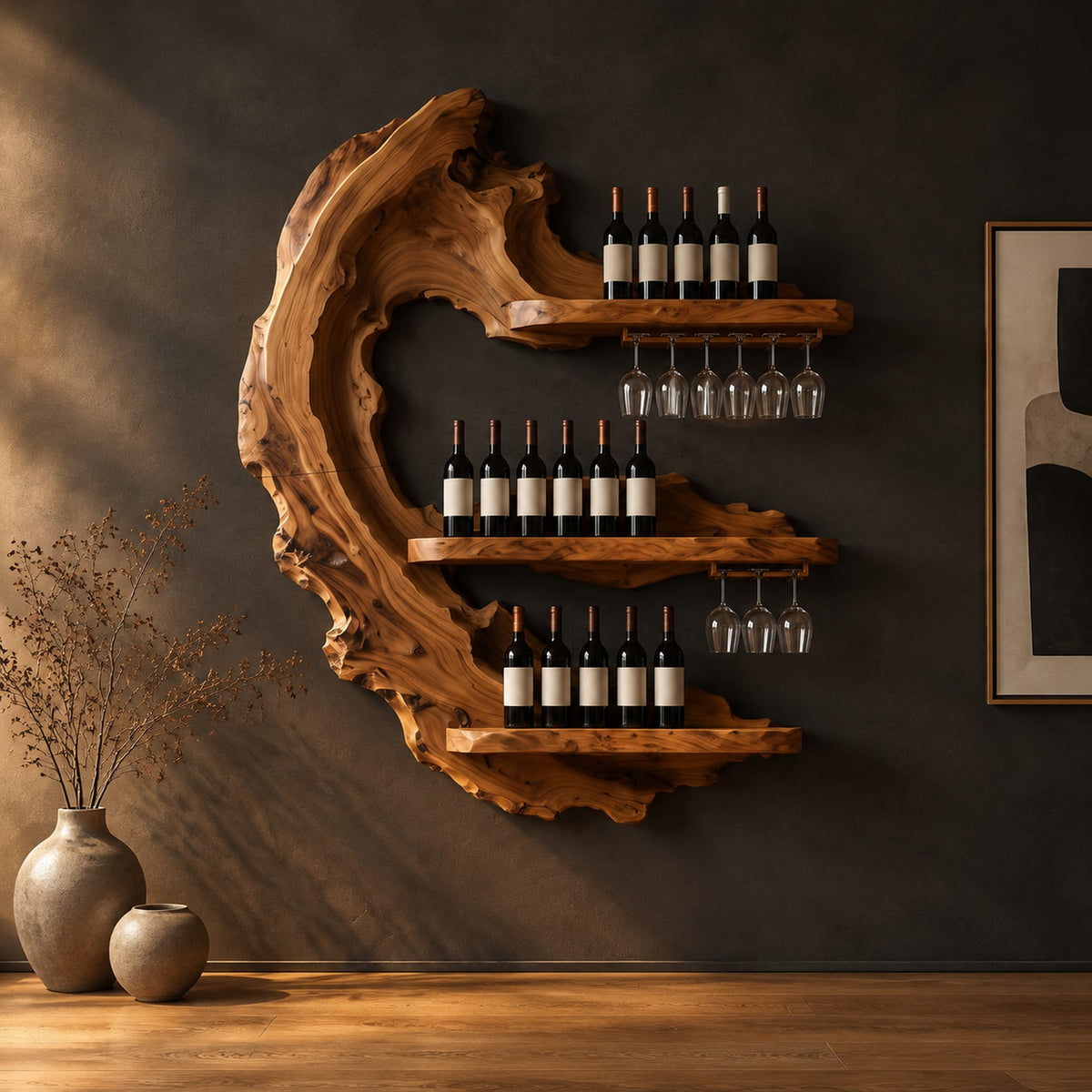 Live edge crescent wine rack with three shelves and rails for hanging stemware in a dark studio against a charcoal plaster wall