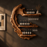 Live edge crescent wine rack with three shelves and rails for hanging stemware, three-quarter view showing the grain