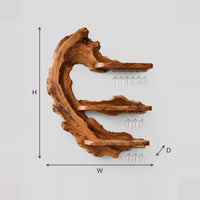 Live Edge Crescent Wine Rack With Three Shelves And Stemware Rails dimension diagram with width, height and depth