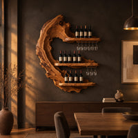 Live edge crescent wine rack with three shelves and rails for hanging stemware in a dark dining room at golden hour