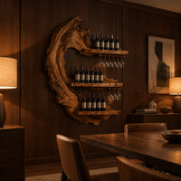 Live edge crescent wine rack with three shelves and rails for hanging stemware in an evening dining room with walnut wall paneling