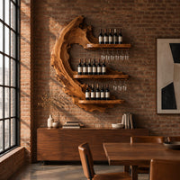 Live edge crescent wine rack with three shelves and rails for hanging stemware in an industrial loft dining room with exposed brick