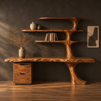 Live edge desk with a tree trunk leg that rises into three shelves in a dark studio against a charcoal plaster wall