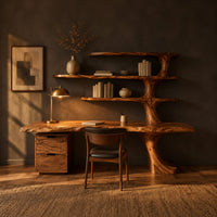 Live edge desk with a tree trunk leg that rises into three shelves in a dark home office at golden hour