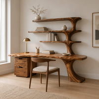 Live edge desk with a tree trunk leg that rises into three shelves in a Scandinavian home office with white walls