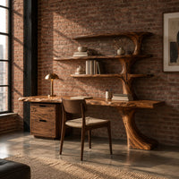 Live edge desk with a tree trunk leg that rises into three shelves in an industrial loft home office with exposed brick