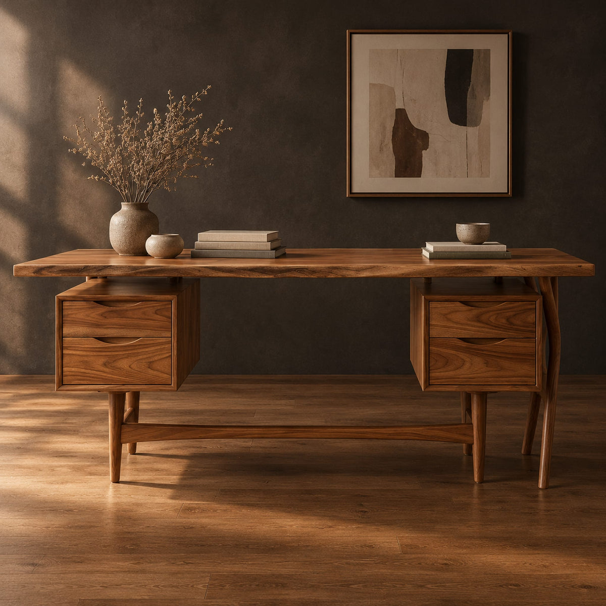 Live edge wooden desk with four drawers and slim tapered legs in a dark studio against a charcoal plaster wall