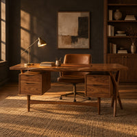 Live edge wooden desk with four drawers and slim tapered legs in a dark home office at golden hour