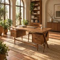 Live edge wooden desk with four drawers and slim tapered legs in a bright home office with arched windows and plants