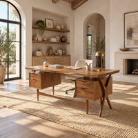 Live edge wooden desk with four drawers and slim tapered legs in a bright open plan home office
