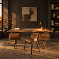 Live edge desk with drawer pods on forked legs in a dark home office at golden hour
