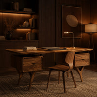 Live edge desk with drawer pods on forked legs in an evening home office with walnut wall paneling