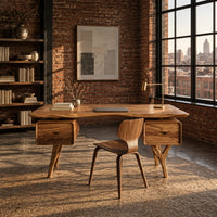 Live edge desk with drawer pods on forked legs in an industrial loft home office with exposed brick