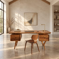 Live edge desk with drawer pods on forked legs in a bright open plan home office